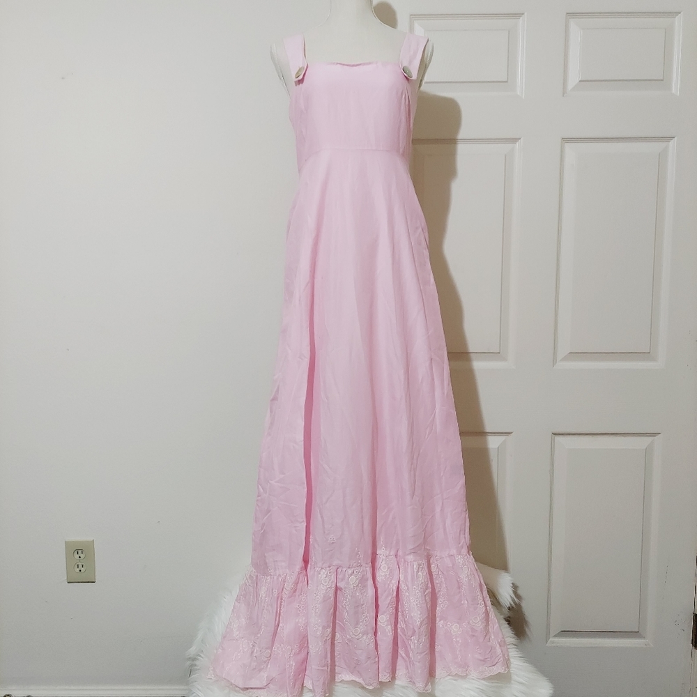 Athena Procopiou Julia Maxi Dress Pink Ruffle Hem Back Buttons Size 2 Boho Roman
